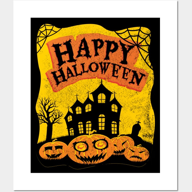 Happy Halloween Haunted House and Pumpkins Wall Art by Kylie Paul